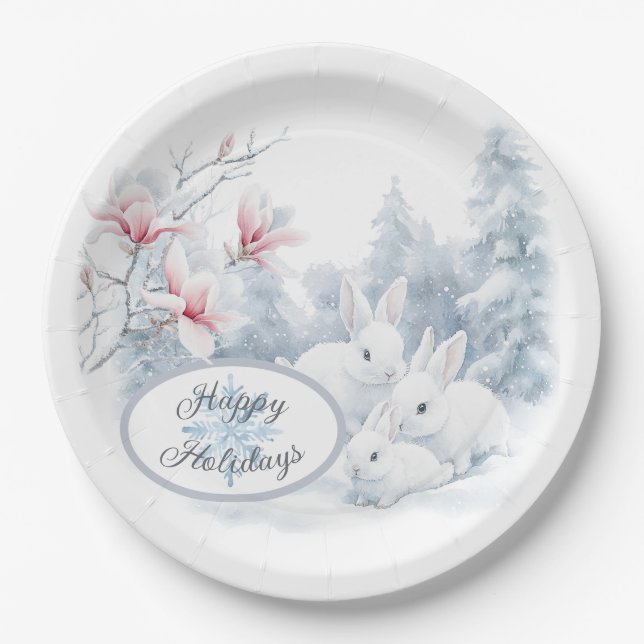 Cute White Rabbits in Snow Winter Holiday Paper Plate (Front)
