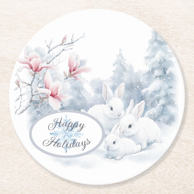 Cute White Rabbits in Snow Winter Holiday Round Paper Coaster (Front)