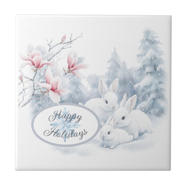 Cute White Rabbits in Snow Winter Holiday Tile (Front)