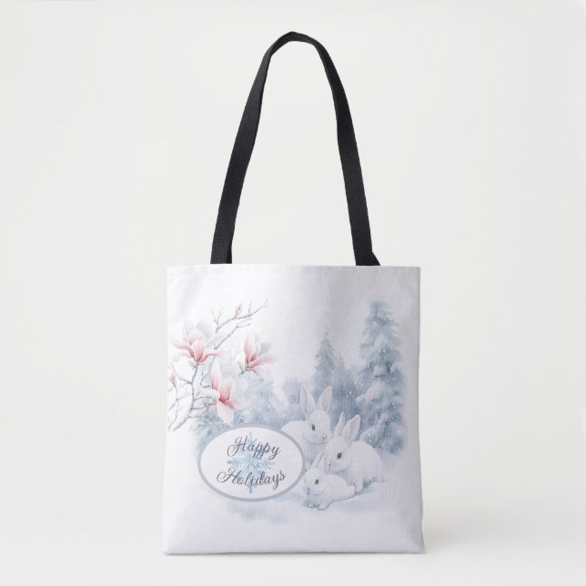 Cute White Rabbits in Snow Winter Holiday Tote Bag (Front)