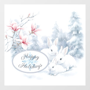Cute White Rabbits in Snow Winter Holiday Window Cling