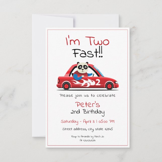 Cute White Race Car Panda Two Fast 2nd Birthday Invitation (Front)