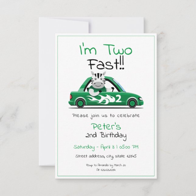 Cute White Race Car Zebra Two Fast 2nd Birthday Invitation (Front)