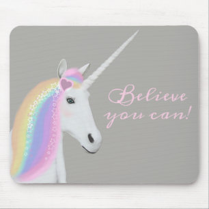 Cute White Rainbow Unicorn Magical Pink Grey Mouse Mat