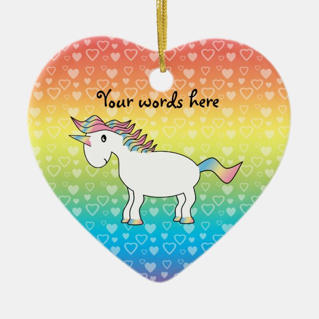 Cute white rainbow unicorn on rainbow hearts ceramic tree decoration (Front)