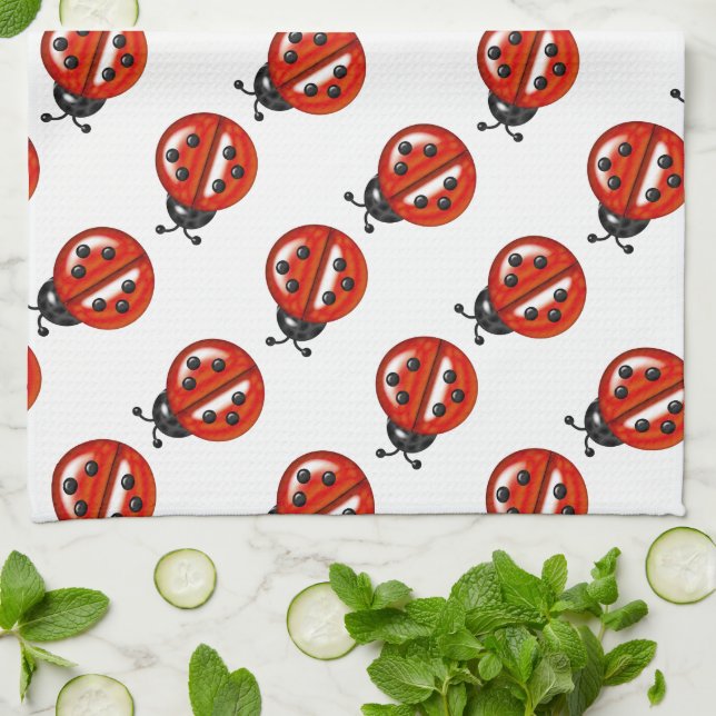 Cute White & Red Ladybug Kitchen Towel (Folded)