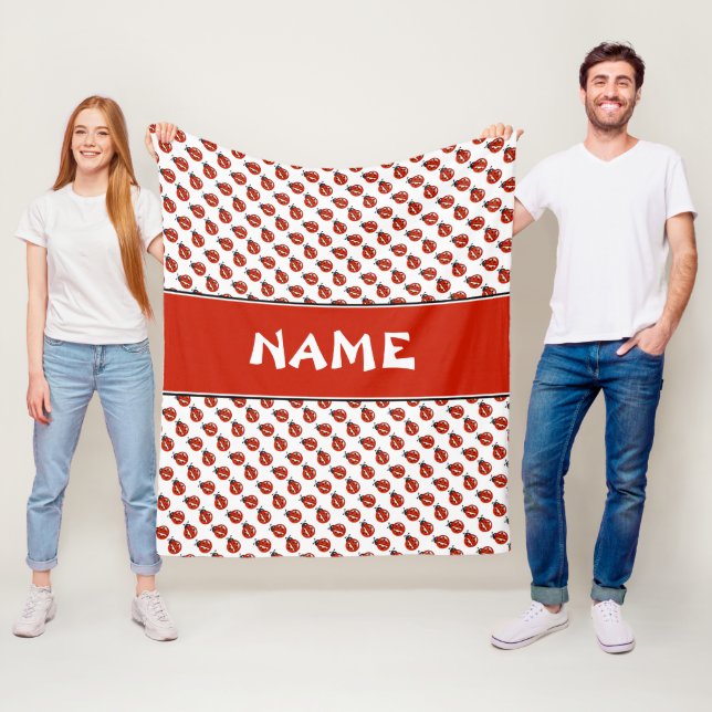 Cute White & Red Ladybugs Custom Name Kids Blanket (In Situ)