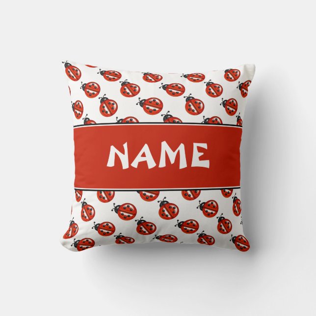 Cute White & Red Ladybugs Custom Name Kids Pillow (Front)