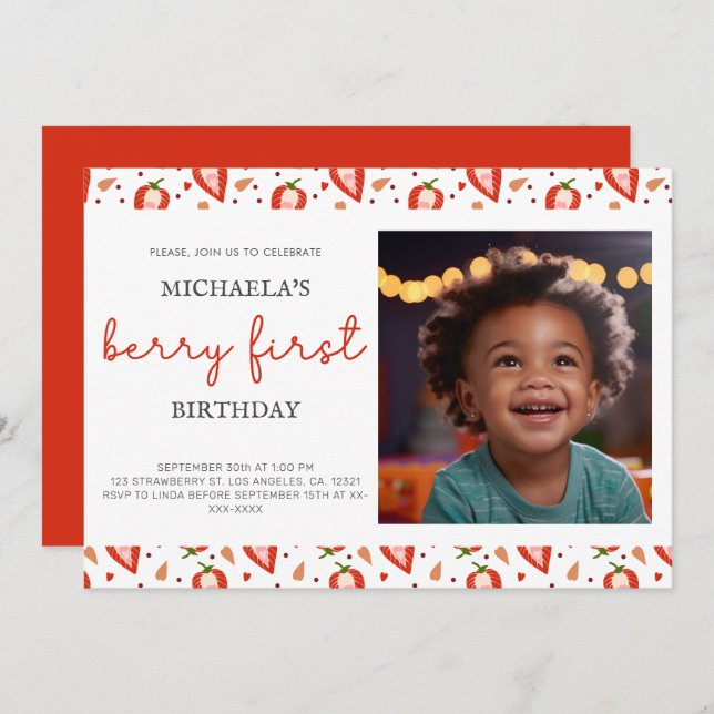 Cute White Red Photo Berry First Birthday Invitation (Front/Back)