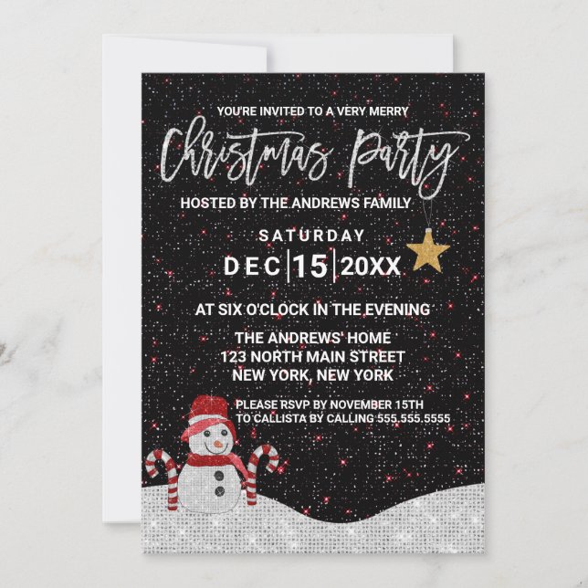 Cute White Red Snowman Night Sky Glitter Christmas Invitation (Front)