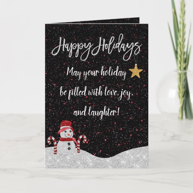 Cute White Red Snowman Night Sky Glitter Holidays Card (Front)