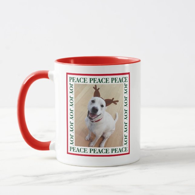 Cute White Reindeer Dog Peace and Joy Christmas Mug (Left)