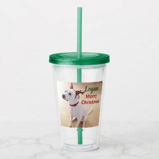 Cute White Reindeer Puppy Dog Photo Christmas Acrylic Tumbler