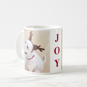 Cute White Reindeer Puppy Dog Red Joy Christmas Coffee Mug