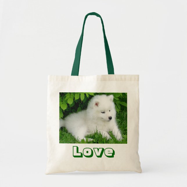 Cute White Samoyed Puppy Dog Canvas Tote Bag (Front)
