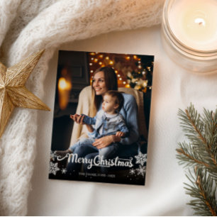 Cute White Script Photo Snowflake Christmas Postcard