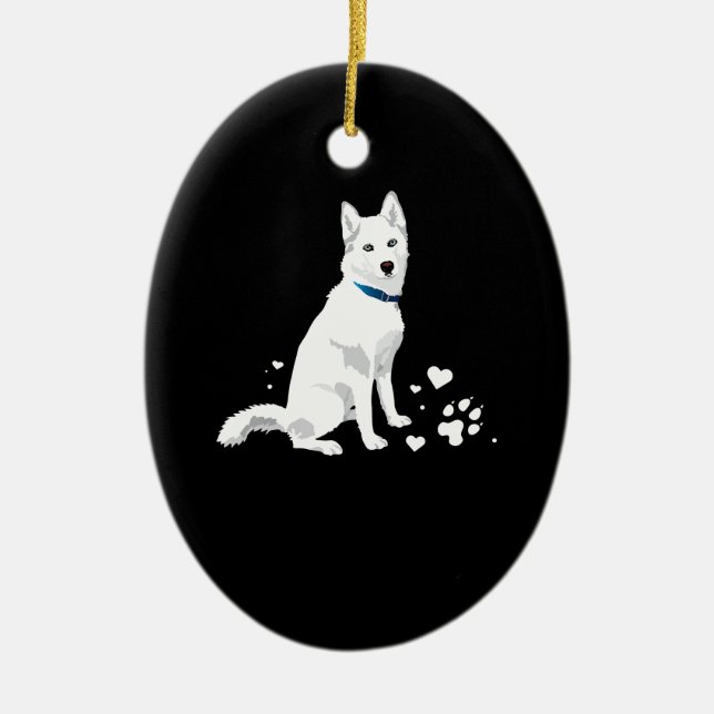Cute White Siberian Husky - Sweet White Snow Dog Ceramic Tree Decoration (Front)