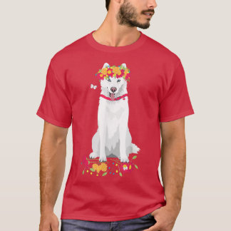 cute white Siberian Husky  white snow dog with flo T-Shirt