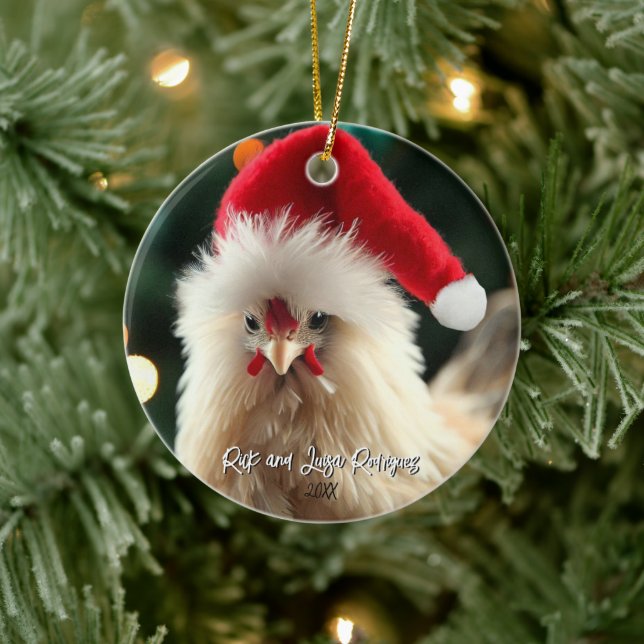 Cute White Silkie Chicken in Santa Hat Christmas Ceramic Tree Decoration (Tree)