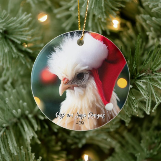 Cute White Silkie Chicken in Santa Hat Christmas Ceramic Tree Decoration (Tree)