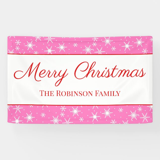 Cute White Snowflake Pink Merry Christmas Banner (Horizontal)
