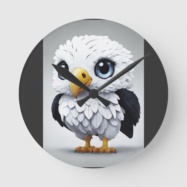 Cute White Spotted Eagle Cartoon Round Clock (Front)