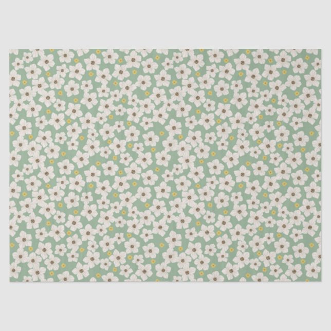 Cute White Spring Flowers Pattern on Light Green Tissue Paper (Front)
