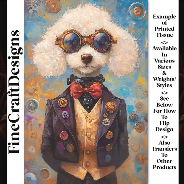 Cute White Steampunk Poodle Dog AX6 Decoupage Tissue Paper (Creator Uploaded)