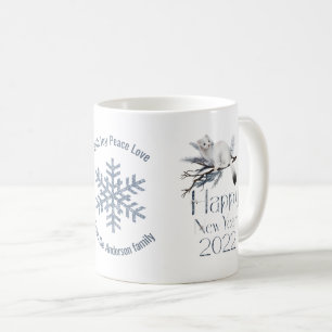 Cute White Stoat On A Branch, Happy New Year 2022 Coffee Mug