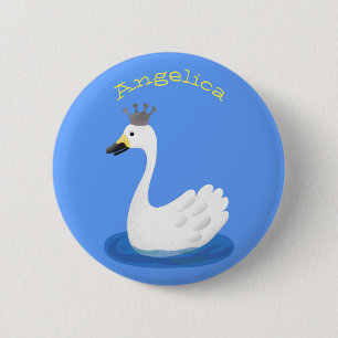 Cute white swan with crown cartoon 6 cm round badge