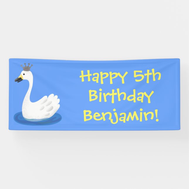 Cute white swan with crown cartoon banner (Horizontal)