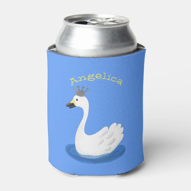 Cute white swan with crown cartoon can cooler (Can Front)