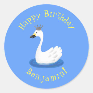 Cute white swan with crown cartoon classic round sticker