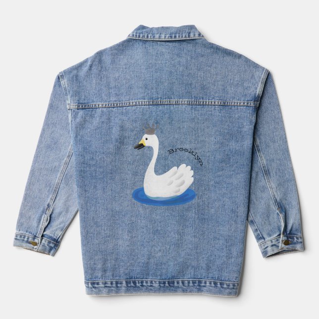 Cute white swan with crown cartoon denim jacket (Back)