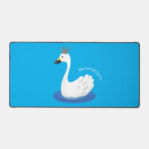 Cute white swan with crown cartoon desk mat