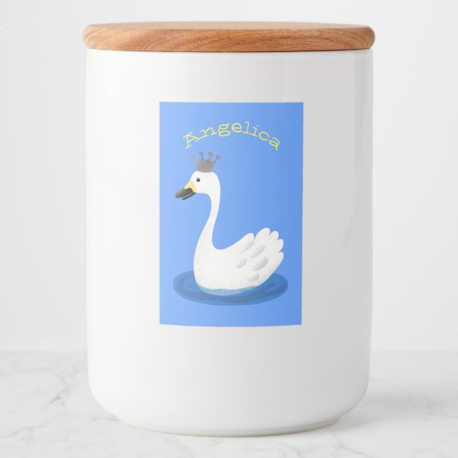 Cute white swan with crown cartoon food label (Front)
