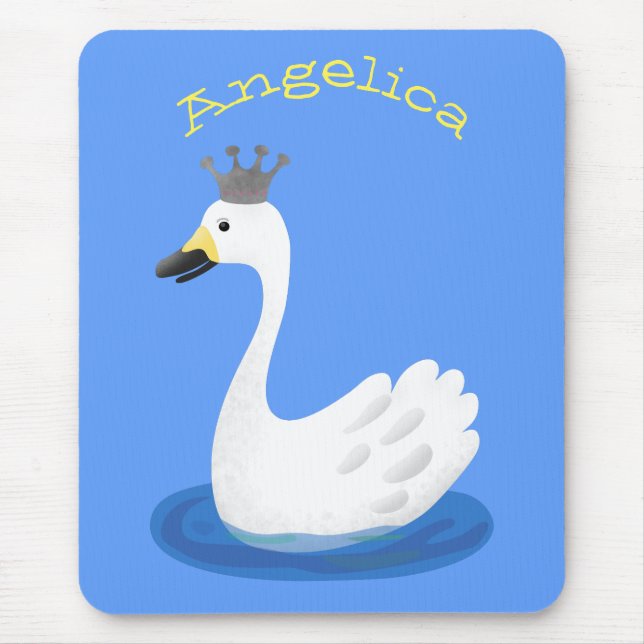 Cute white swan with crown cartoon mouse mat (Front)