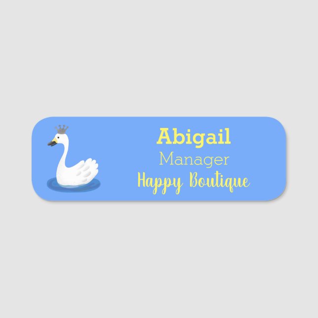 Cute white swan with crown cartoon name tag (Front)