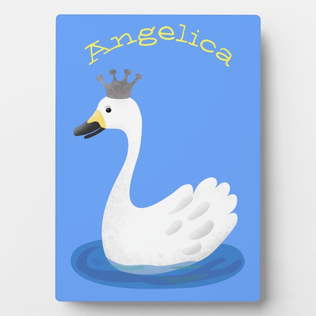 Cute white swan with crown cartoon plaque (Front)