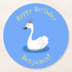 Cute white swan with crown cartoon round paper coaster