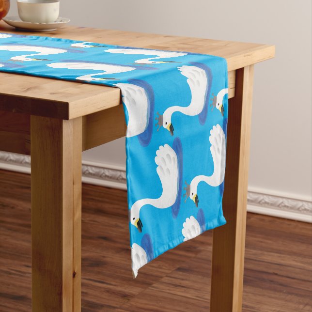 Cute white swan with crown cartoon short table runner (In Situ)