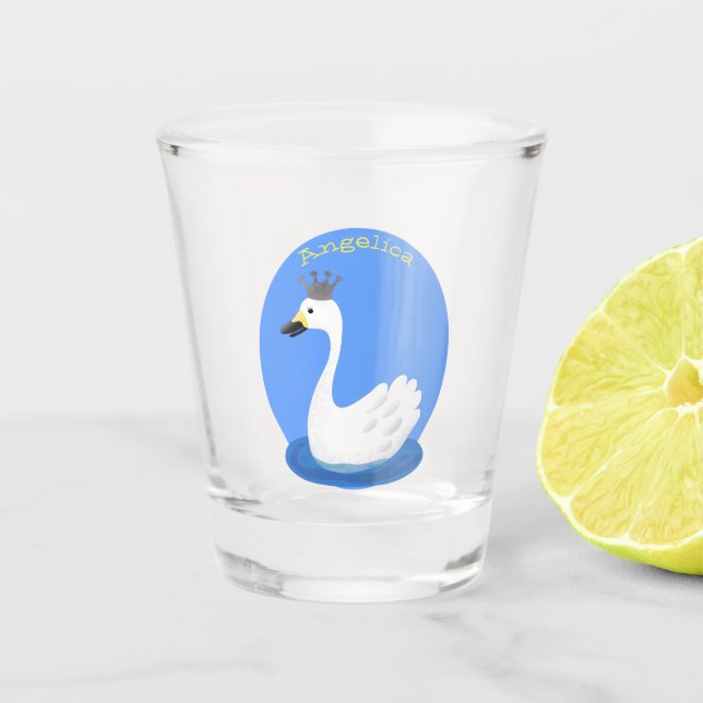 Cute white swan with crown cartoon  shot glass (Front)