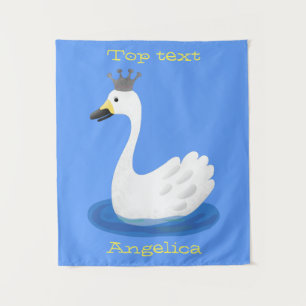 Cute white swan with crown cartoon tapestry