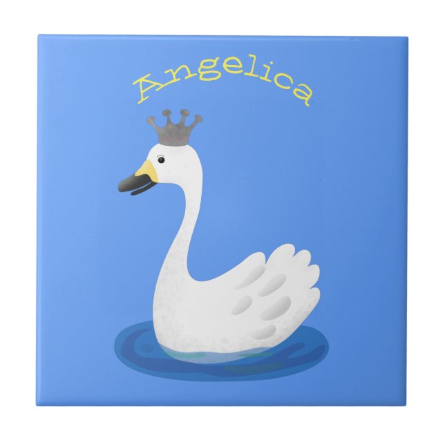 Cute white swan with crown cartoon tile (Front)