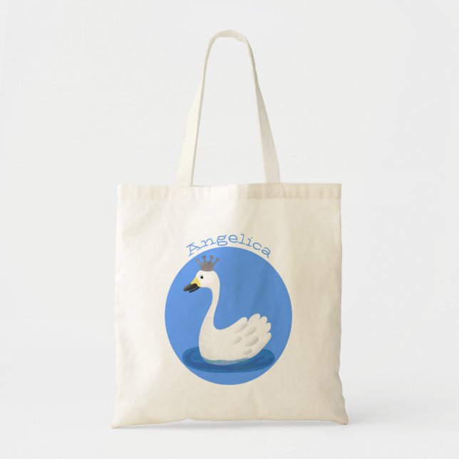 Cute white swan with crown cartoon tote bag (Front)