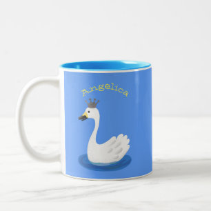 Cute white swan with crown cartoon Two-Tone coffee mug
