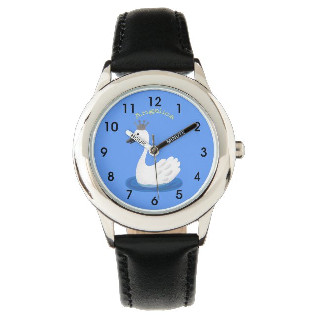 Cute white swan with crown cartoon watch (Front)