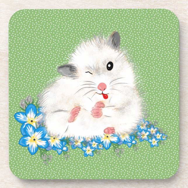 Cute white Syrian hamster accessories, green polka Coaster (Front)