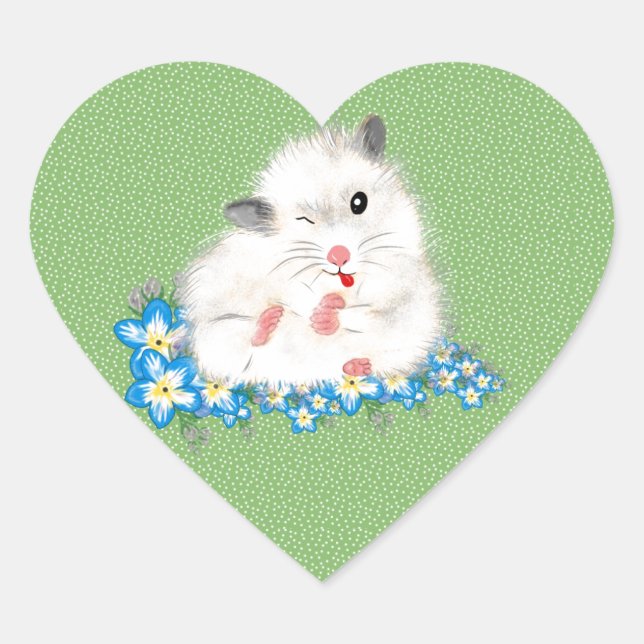 Cute white Syrian hamster accessories, green polka Heart Sticker (Front)
