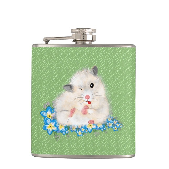 Cute white Syrian hamster accessories, green polka Hip Flask (Front)